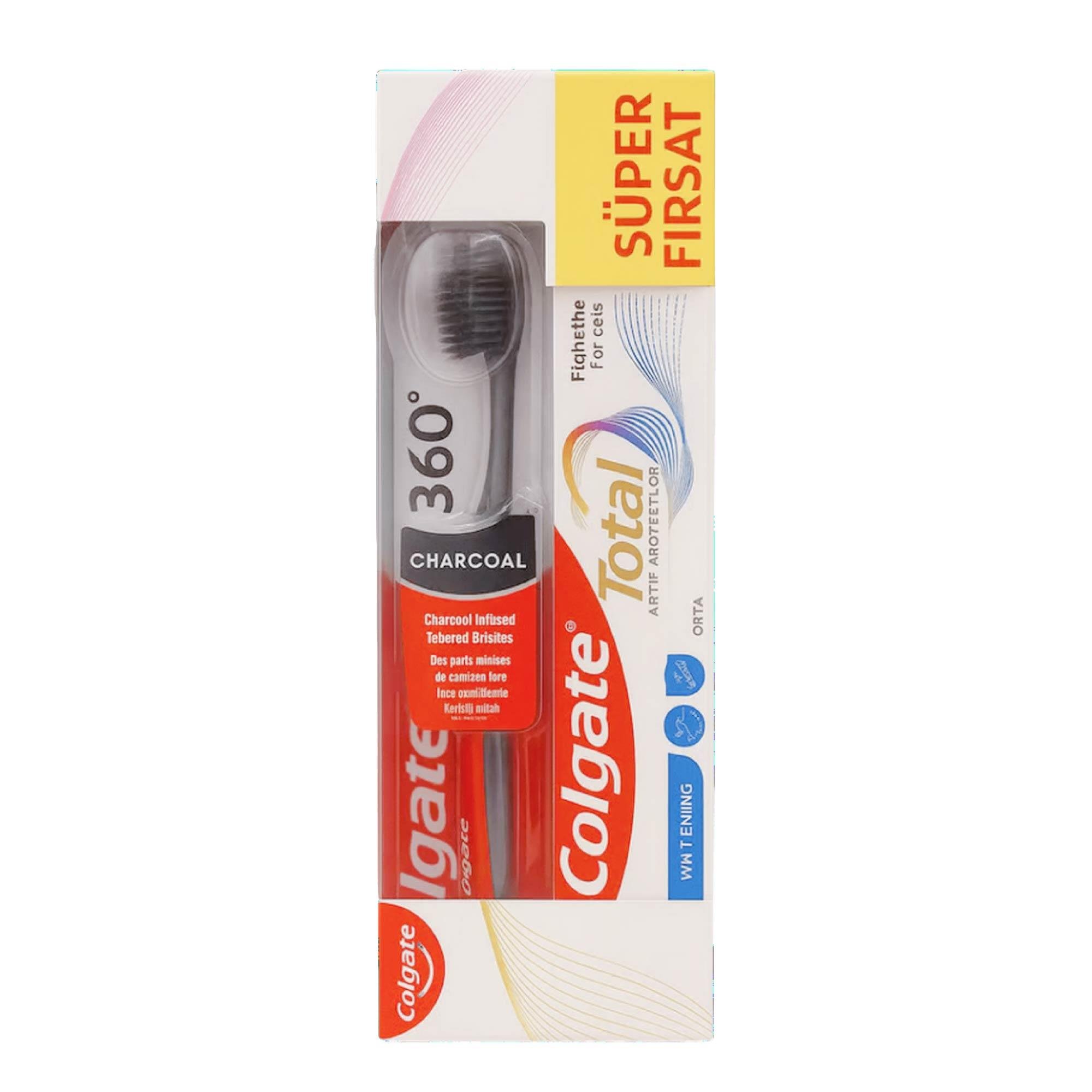 Colgate Total Active Protection Beyazlık Diş Macunu 50 ml + Charcoal Orta Diş Fırçası
