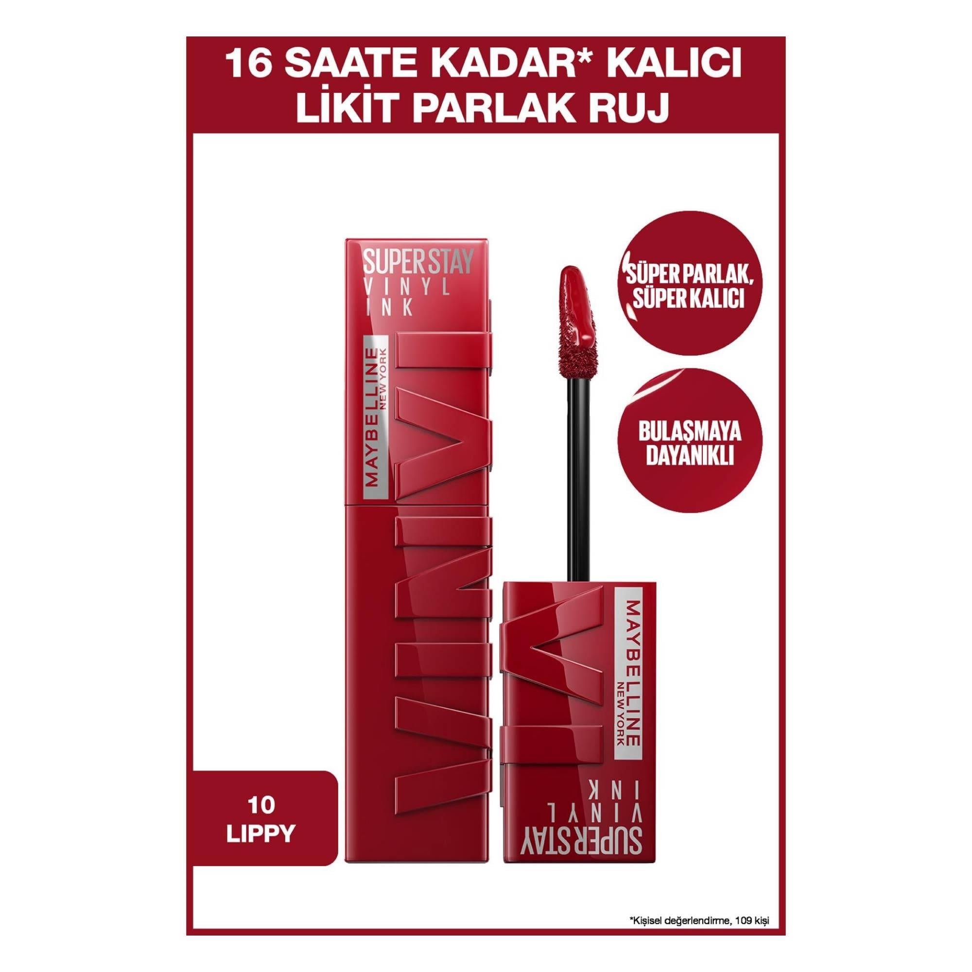 Maybelline New York Super Stay Vinyl Ink Uzun Süre Kalıcı Likit Parlak Ruj No:10 Lippy