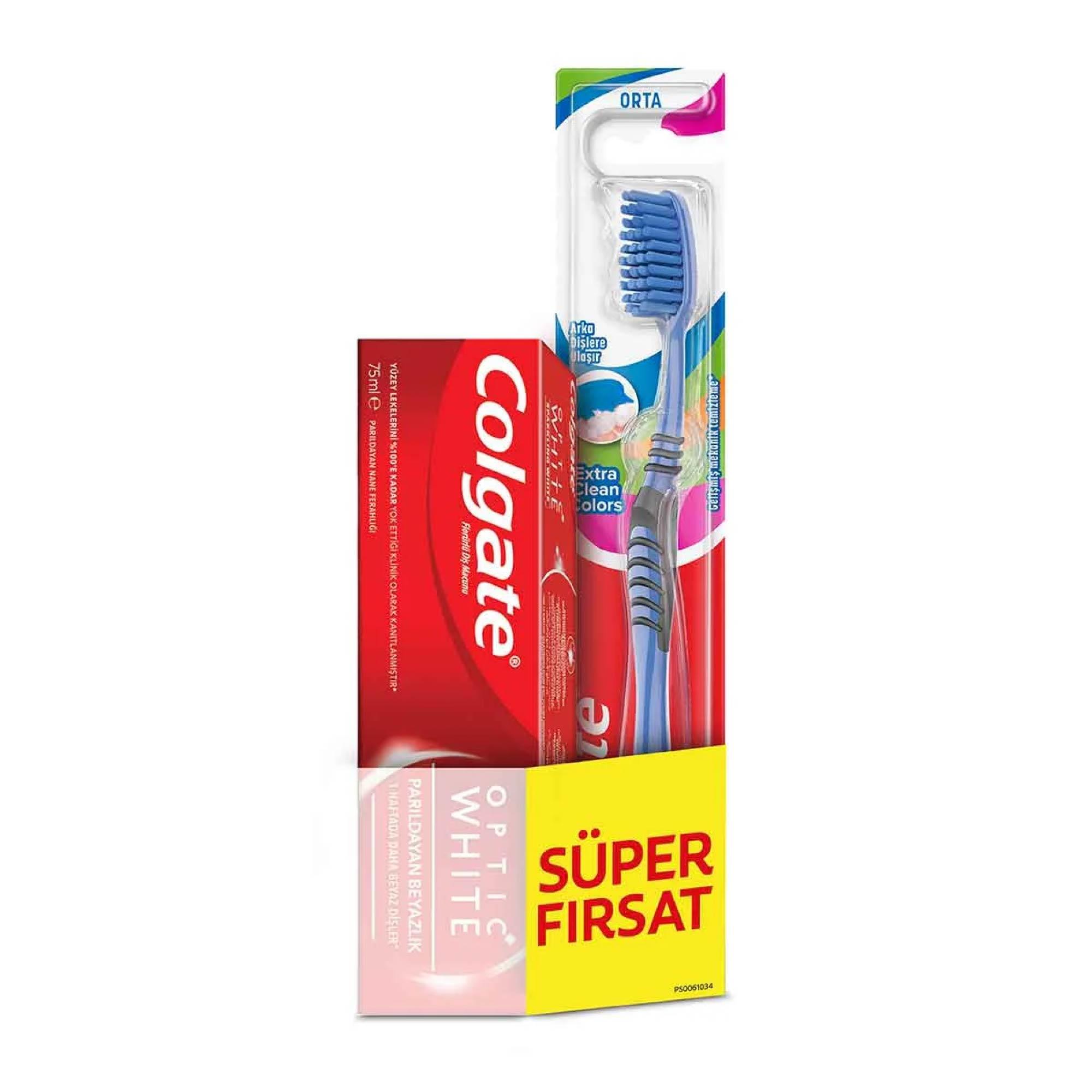 Colgate Aktif Beyazlık Diş Macunu 75 ml + Extra Clean Colors Diş Fırçası
