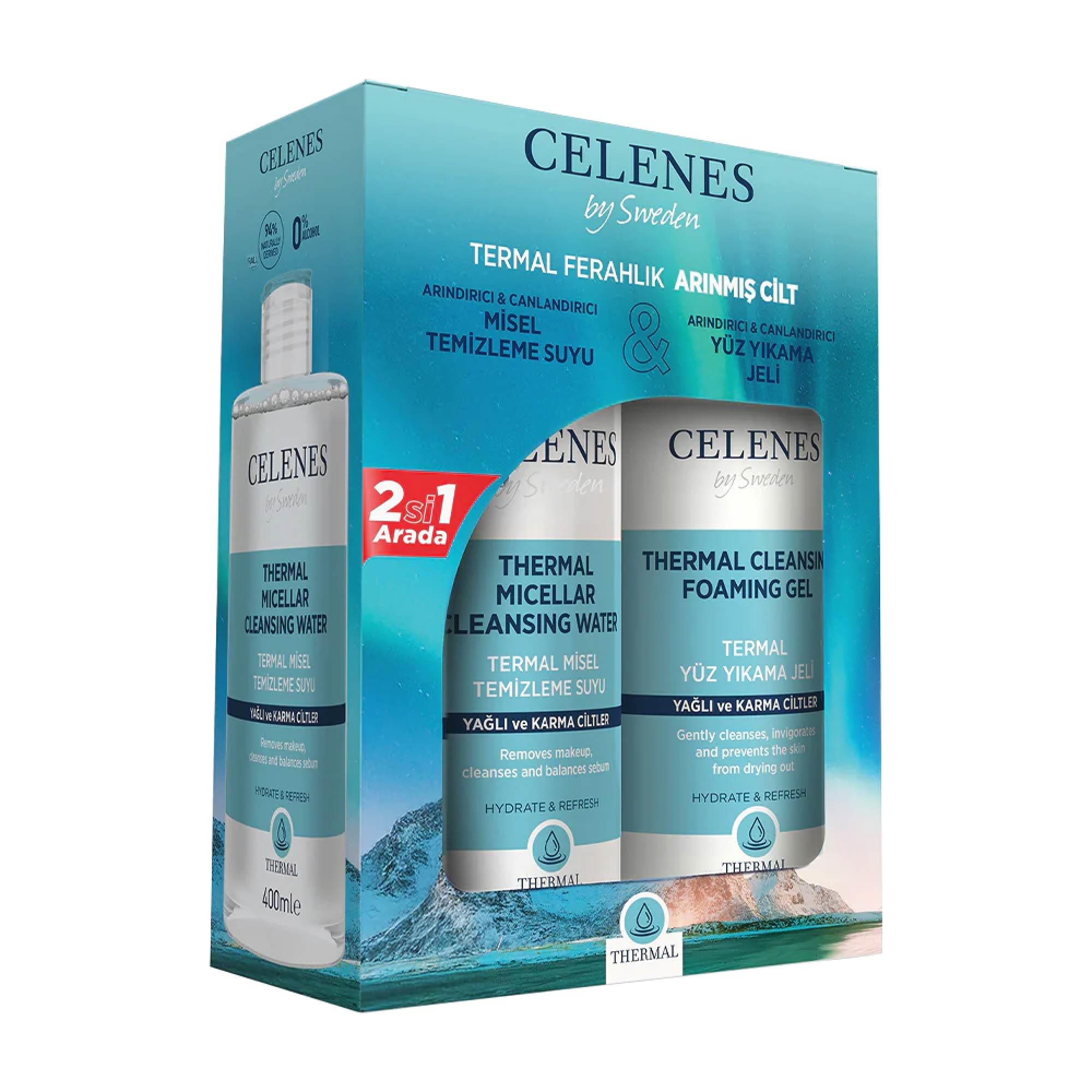 Celenes Thermal Yağlı ve Karma Ciltler için Yüz Yıkama Jeli 250 ml & Misel Temizleme Suyu 400ml Multipack