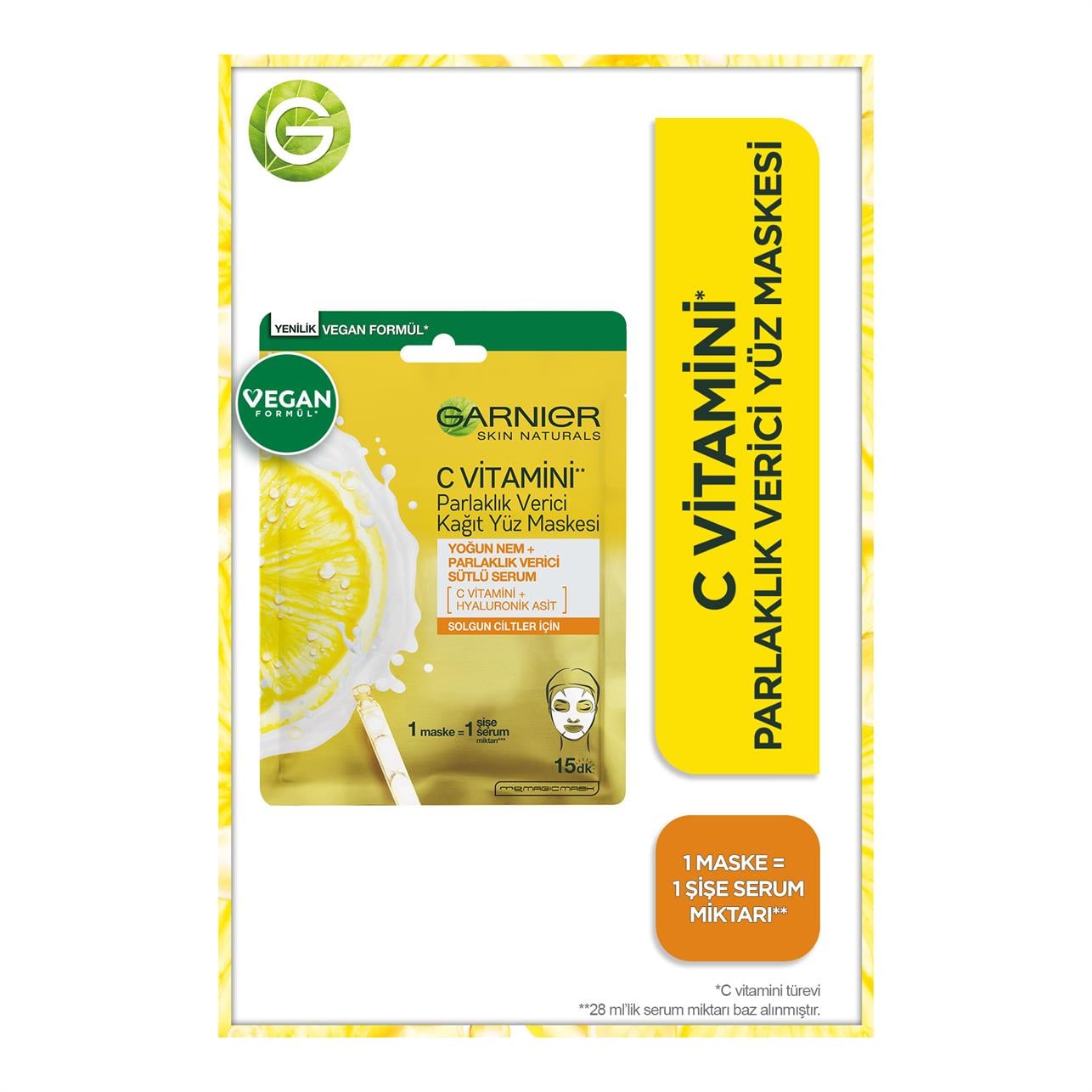 Garnier Skin Naturals C Vitamini Parlaklık Verici Kağıt Yüz Maskesi Yoğun Nem+Parlaklık Verici