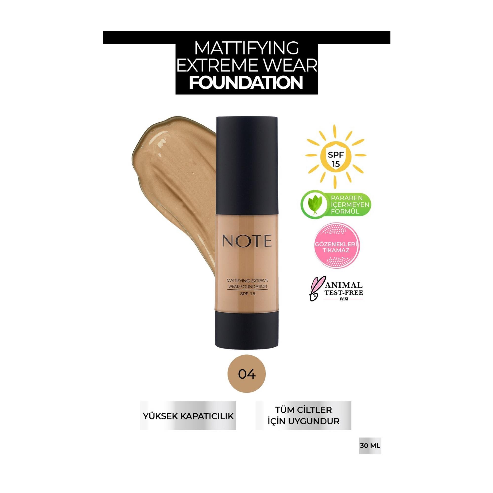 Note Mattifying Extreme Wear Fondöten Mat Bitiş 04 Sand