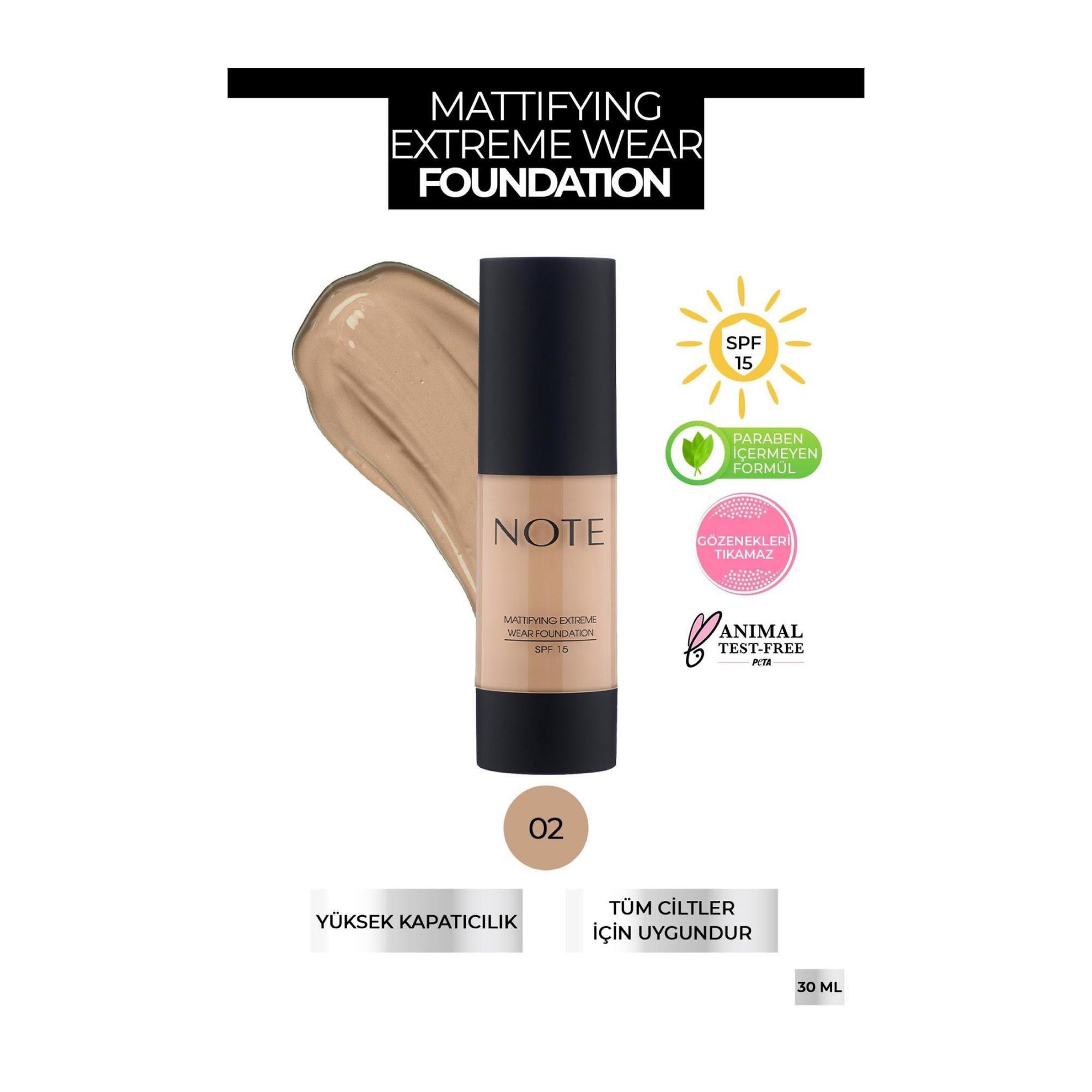 Note Mattifying Extreme Wear Fondöten Mat Bitiş 02 Natural Beige 