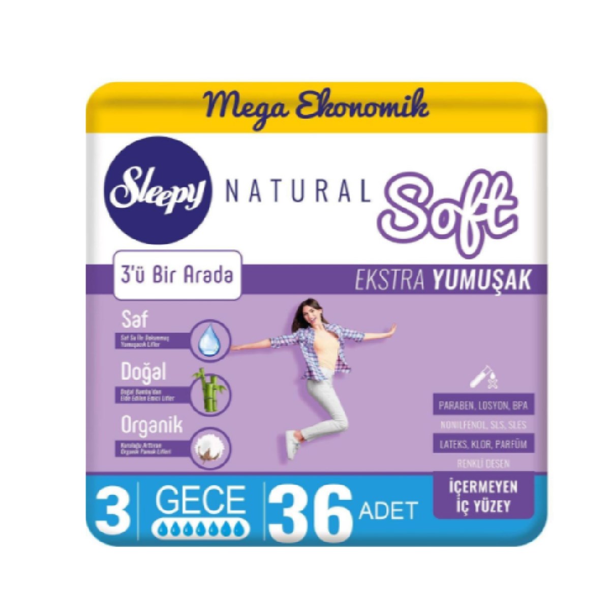 Sleepy Hijyenik Ped Natural Soft Ekstra Yumuşak 3 Gece 36 Adet
