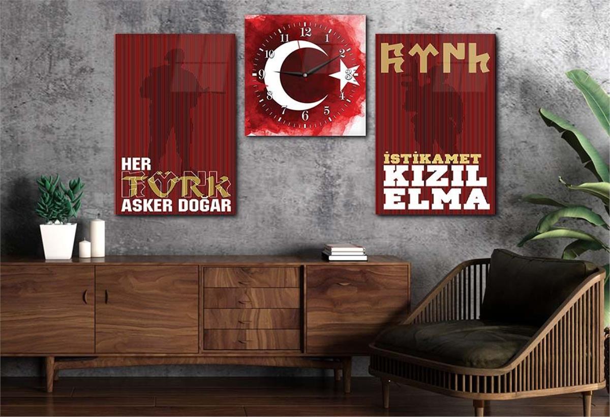 TÜRK BAYRAĞI VE TÜRK ASKERİ GÖRSELLİ CAM TABLO CAM SAAT SETİ 