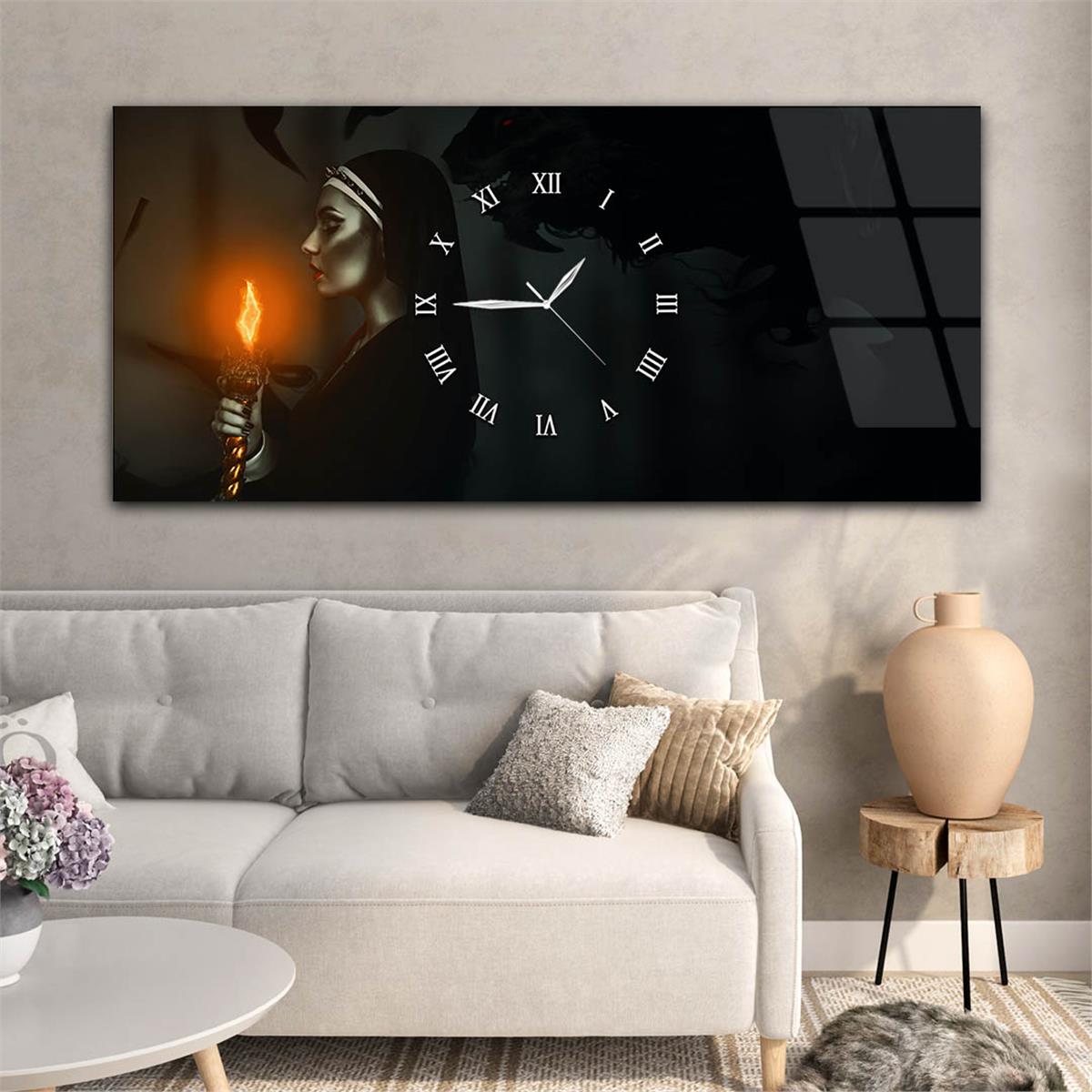 Yatay Ortadan Saatli  Sanat ve Doğa Temalı Cam Tablo 028