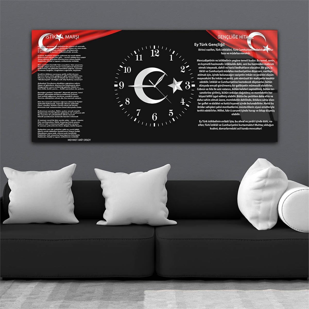 Yatay Ortadan Saatli  Vatan Temalı Cam Tablo 005