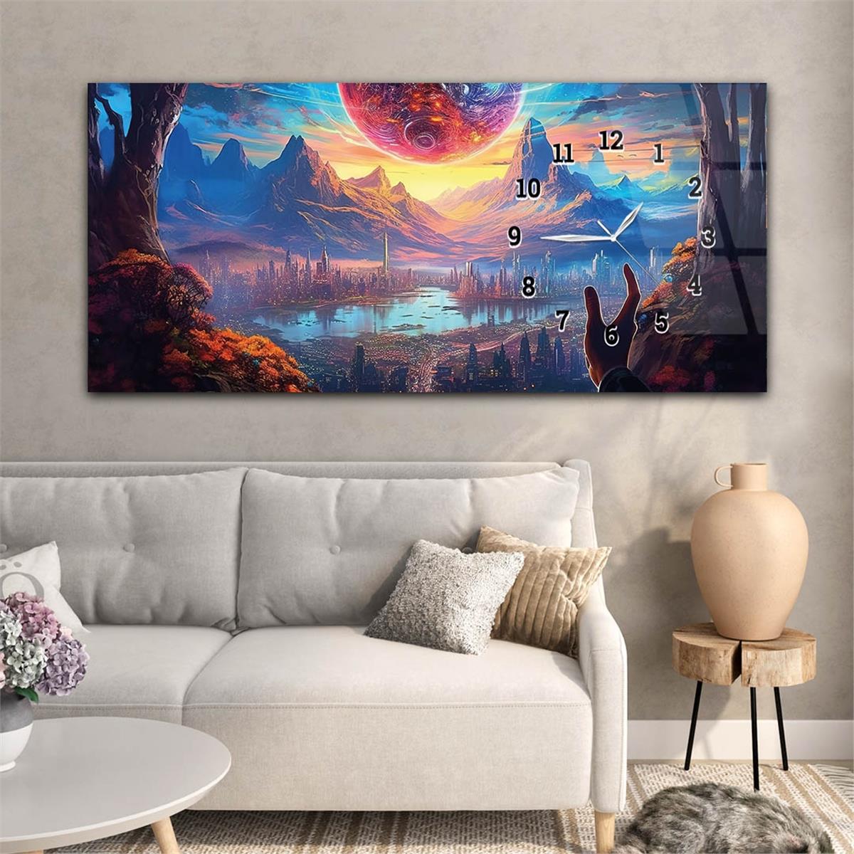 Yatay Saatli Yandan Sanat ve Doğa Temalı Cam Tablo 206