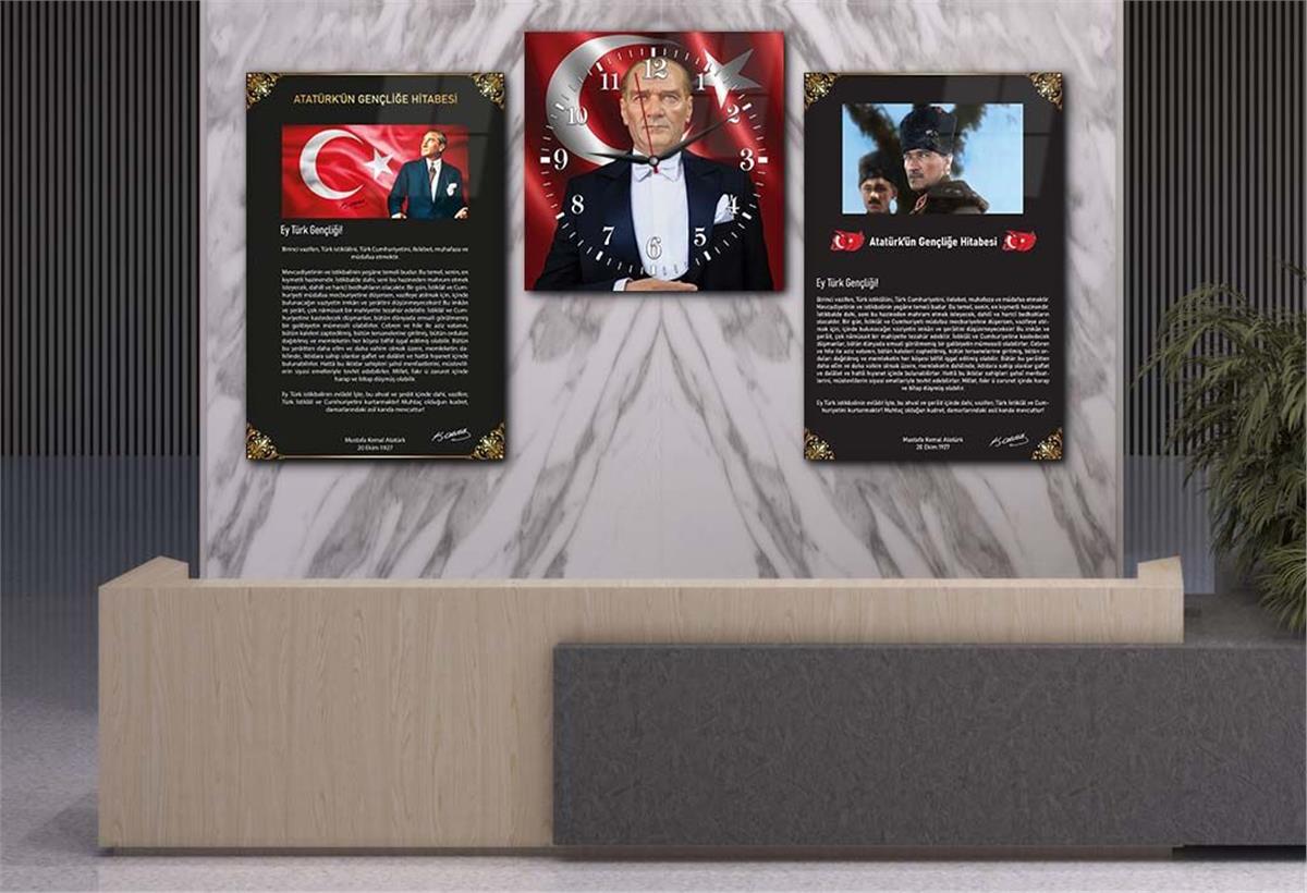 MUSTAFA KEMAL ATATÜRK GÖRSELLİ İSTİKLAL MARŞI VE GENÇLİĞE HİTABE YAZILI CAM TABLO SAAT SETİ 