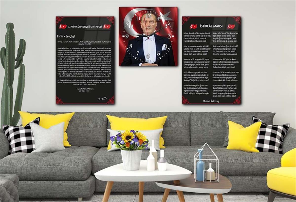 MUSTAFA KEMAL ATATÜRK GÖRSELLİ İSTİKLAL MARŞI VE GENÇLİĞE HİTABE YAZILI CAM TABLO SAAT SETİ 