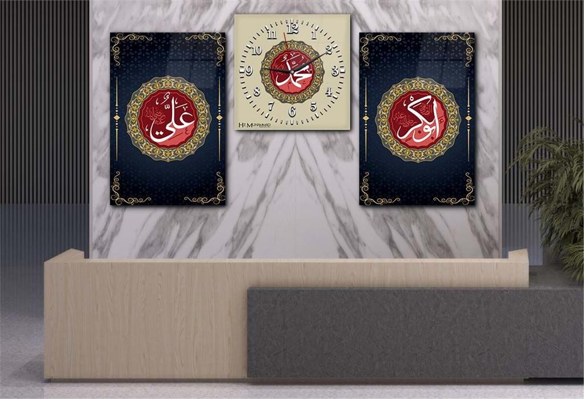 PEYGAMBER EFENDİMİZİN İSMİ HZ.EBUBEKİR HZ.ALİNİN İSMİ YAZILI CAM TABLO CAM SAAT SETİ 
