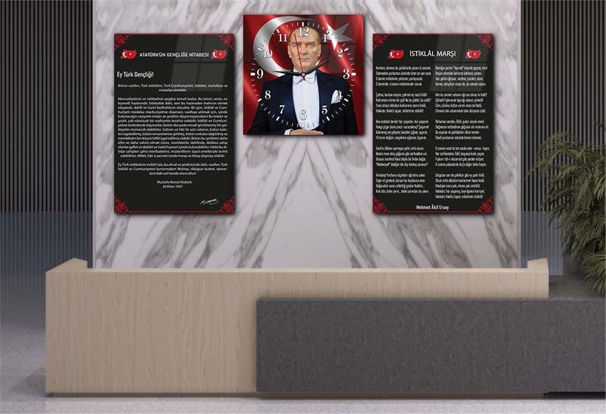 MUSTAFA KEMAL ATATÜRK GÖRSELLİ İSTİKLAL MARŞI VE GENÇLİĞE HİTABE YAZILI CAM TABLO SAAT SETİ 