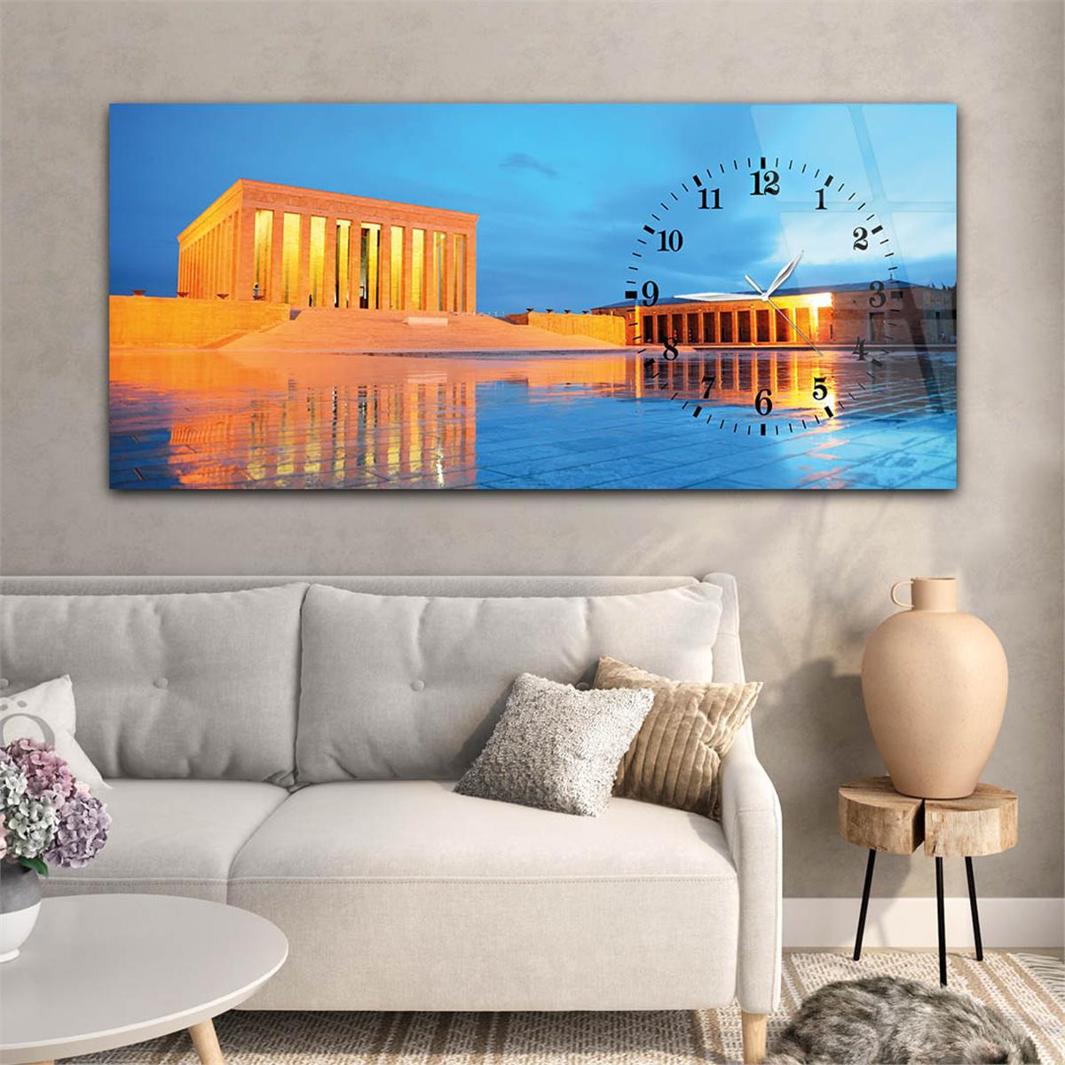Anıtkabir Yatay Saatli Yandan Vatan Temalı Cam Tablo 001