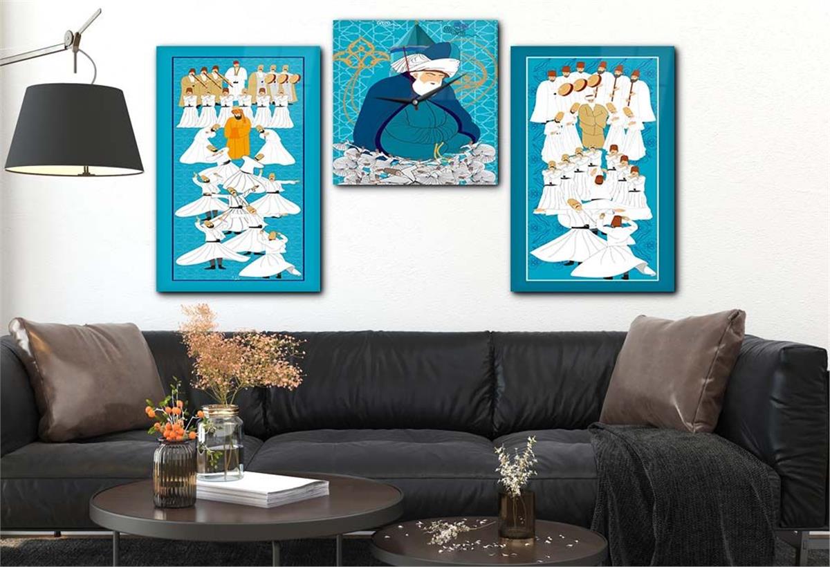 MESLEVİ VE MEVLANA GÖRSELLİ CAM TABLO CAM SAAT SETİ