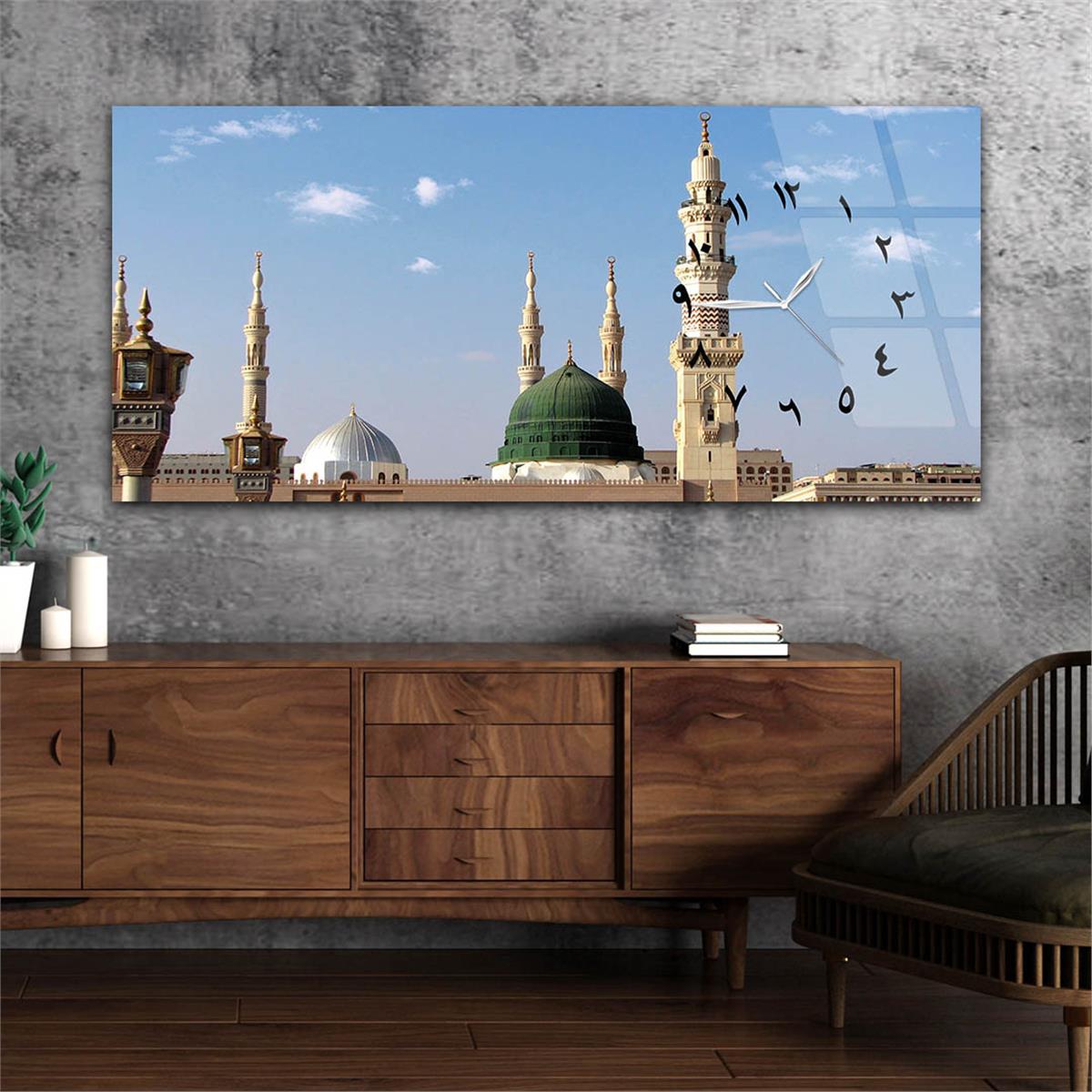 Yatay Saatli Yandan Dini Temalı Cam Tablo 027
