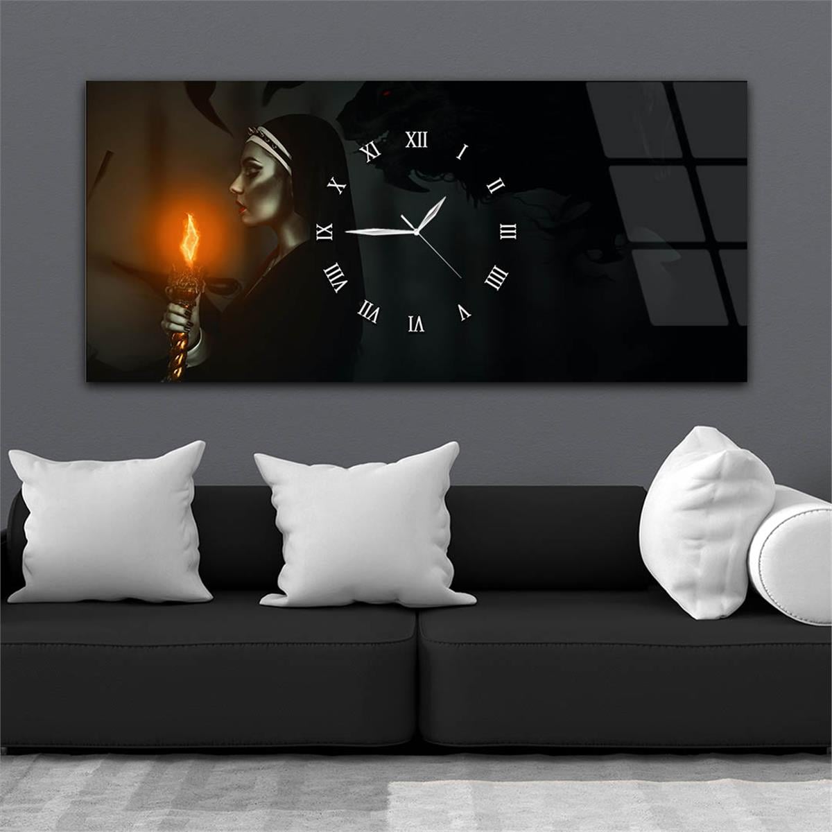 Yatay Ortadan Saatli  Sanat ve Doğa Temalı Cam Tablo 028