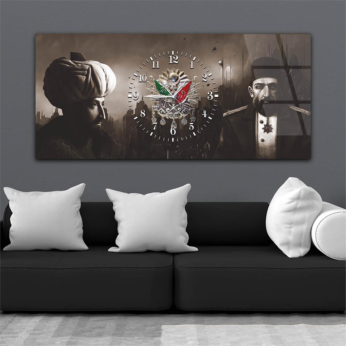 Abdulhamid Han , Fatih Sultan Mehmet Han ve Osmanlı Tuğralı Saatli Cam Tablo 075