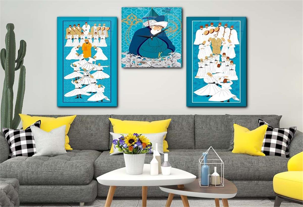 MESLEVİ VE MEVLANA GÖRSELLİ CAM TABLO CAM SAAT SETİ
