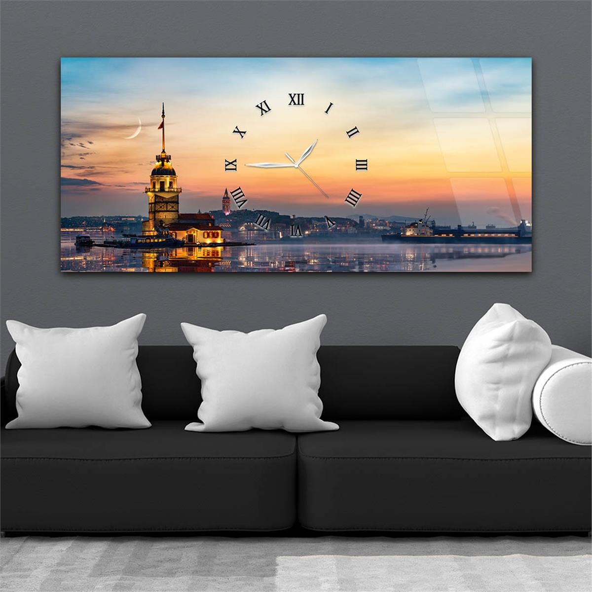Yatay Ortadan Saatli  Sanat ve Doğa Temalı Cam Tablo 078