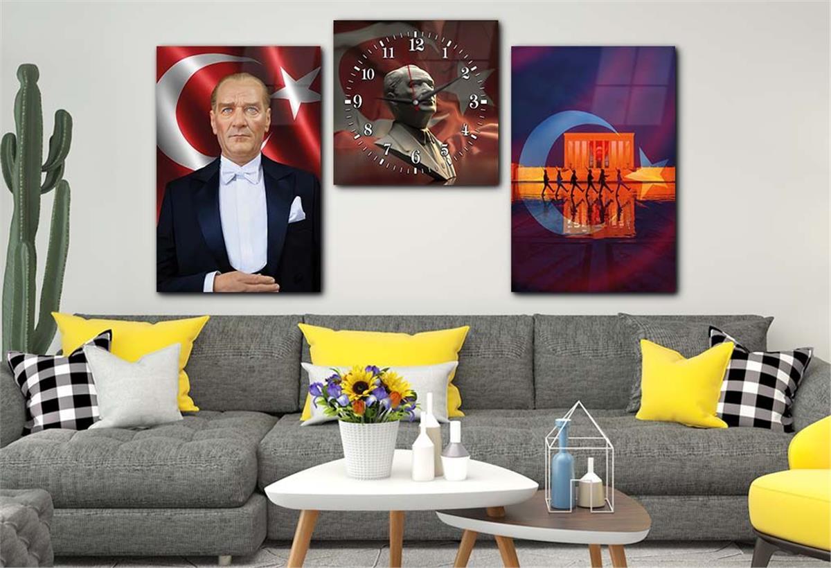 MUSTAFA KEMAL ATATÜRK VE ANITKABİR GÖRSELLİ GÖRSELİ CAM TABLO SAAT SETİ 