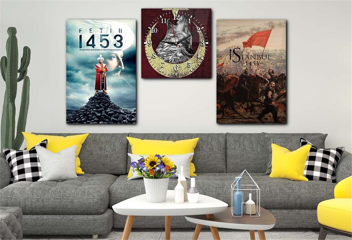 FATİH SULTAN MEHMET HAN GÖRSELLİ CAM TABLO CAM DUVAR SAATİ SETİ 