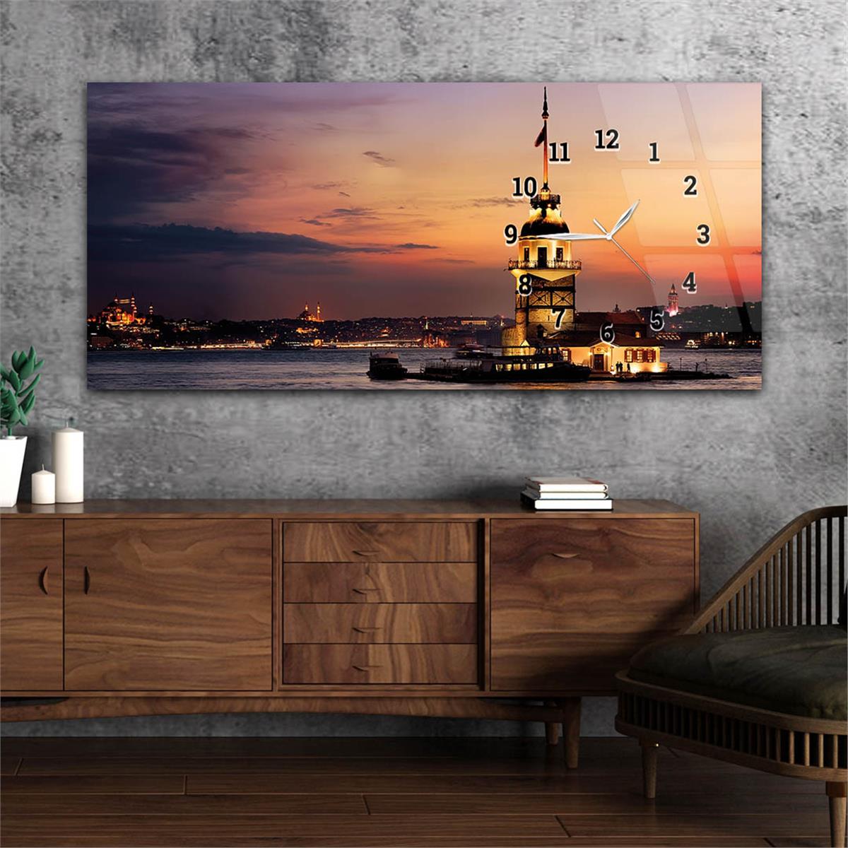 Yatay Saatli Yandan Sanat ve Doğa Temalı Cam Tablo 137