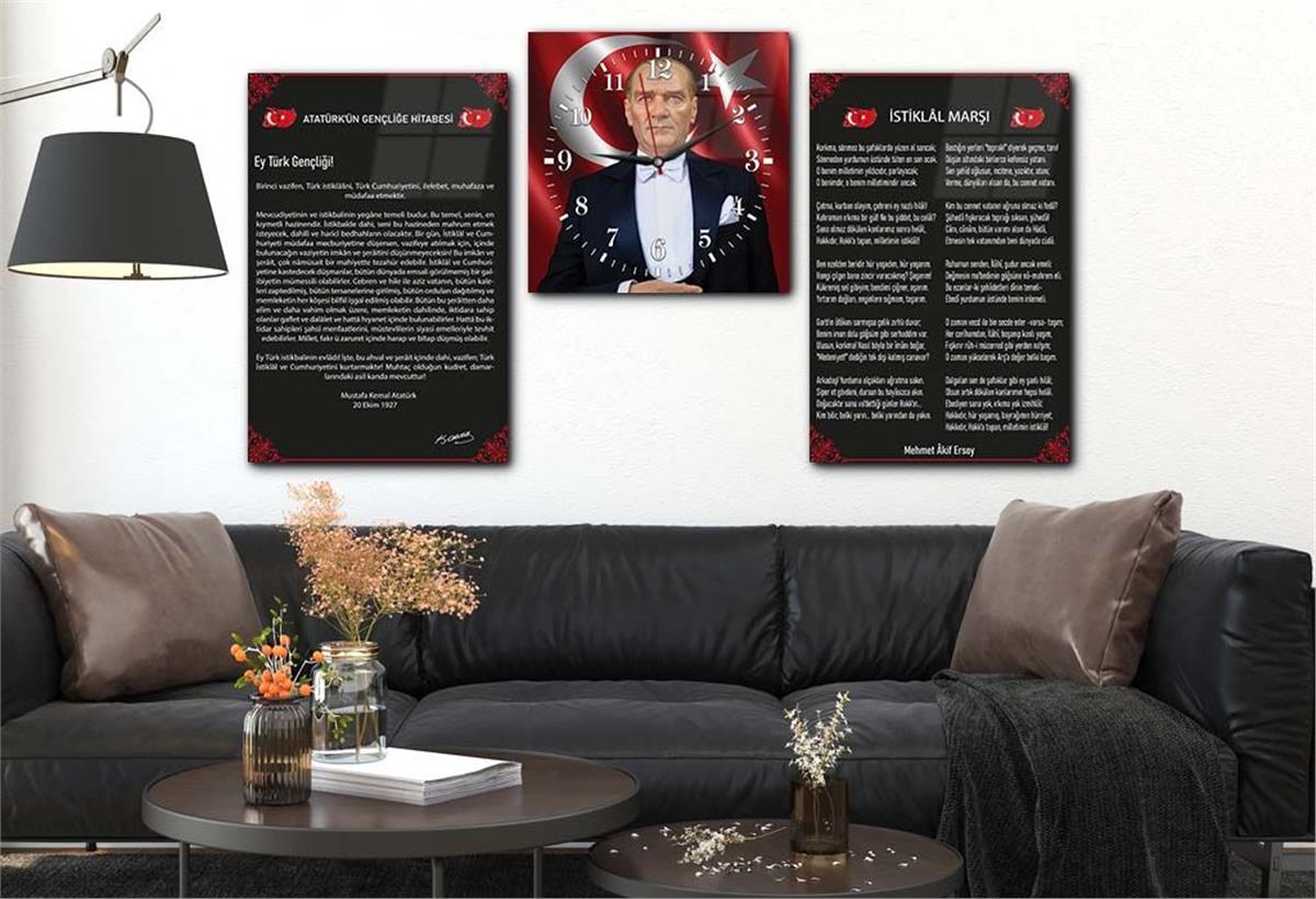 MUSTAFA KEMAL ATATÜRK GÖRSELLİ İSTİKLAL MARŞI VE GENÇLİĞE HİTABE YAZILI CAM TABLO SAAT SETİ 