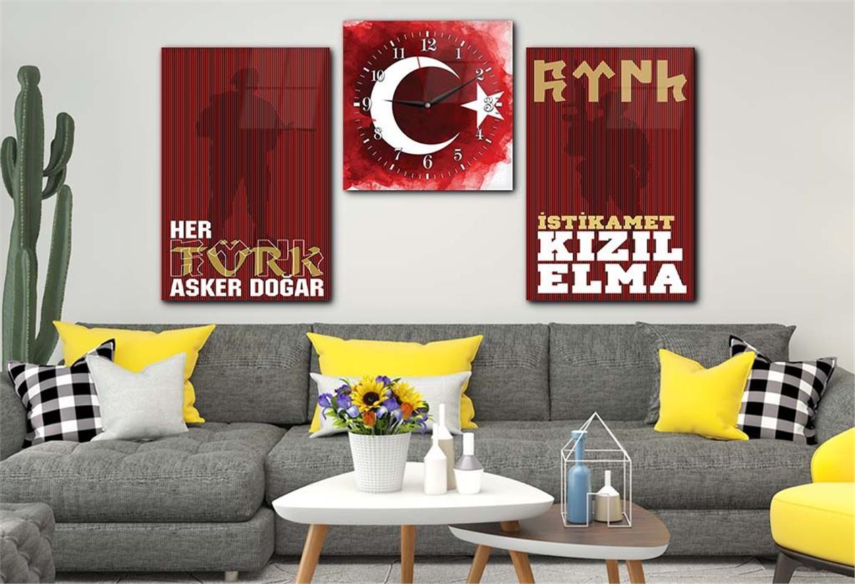 TÜRK BAYRAĞI VE TÜRK ASKERİ GÖRSELLİ CAM TABLO CAM SAAT SETİ 