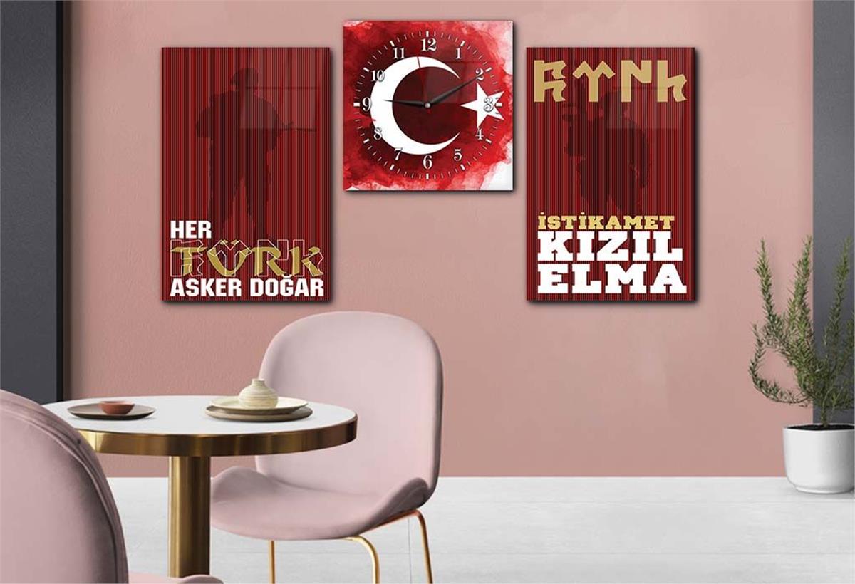TÜRK BAYRAĞI VE TÜRK ASKERİ GÖRSELLİ CAM TABLO CAM SAAT SETİ 