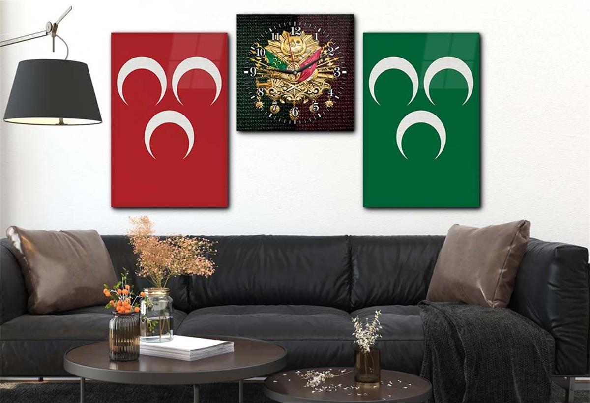 ÜÇ HİLAL VE OSMANLI DEVLET ARMASI GÖRSELLİ CAM TABLO CAM SAAT SETİ 