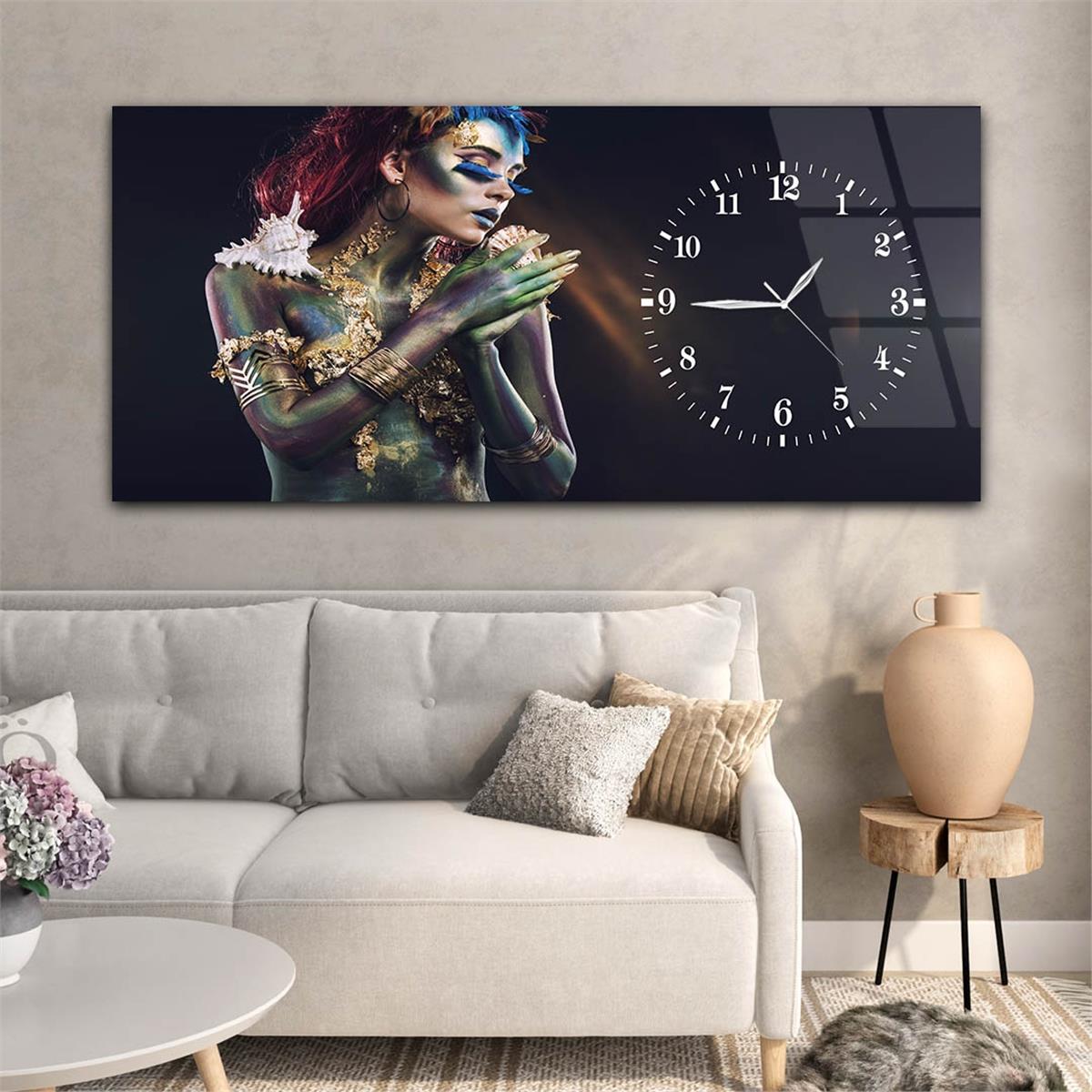 Yatay Saatli Yandan Sanat ve Doğa Temalı Cam Tablo 086