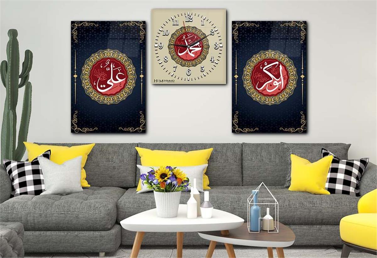 PEYGAMBER EFENDİMİZİN İSMİ HZ.EBUBEKİR HZ.ALİNİN İSMİ YAZILI CAM TABLO CAM SAAT SETİ 