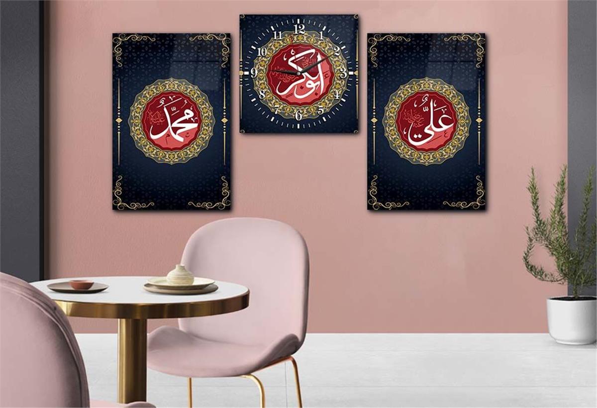 PEYGAMBER EFENDİMİZİN İSMİ HZ.EBUBEKİR HZ.ALİNİN İSMİ YAZILI CAM TABLO CAM SAAT SETİ 