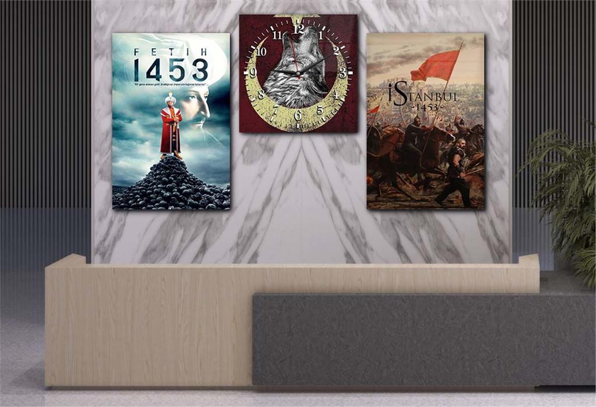 FATİH SULTAN MEHMET HAN GÖRSELLİ CAM TABLO CAM DUVAR SAATİ SETİ 