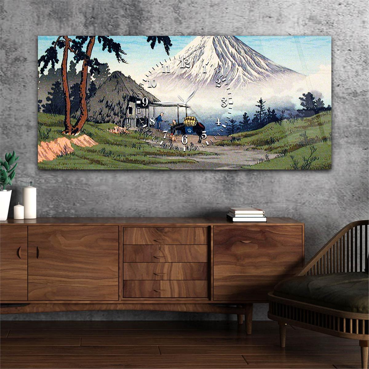 Yatay Ortadan Saatli  Sanat ve Doğa Temalı Cam Tablo 005