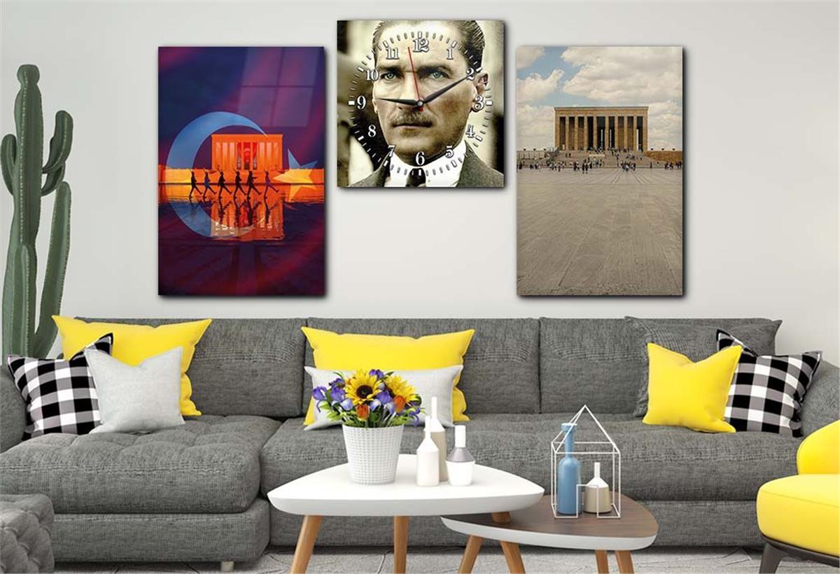 MUSTAFA KEMAL ATATÜRK VE ANITKABİR GÖRSELLİ GÖRSELİ CAM TABLO SAAT SETİ 
