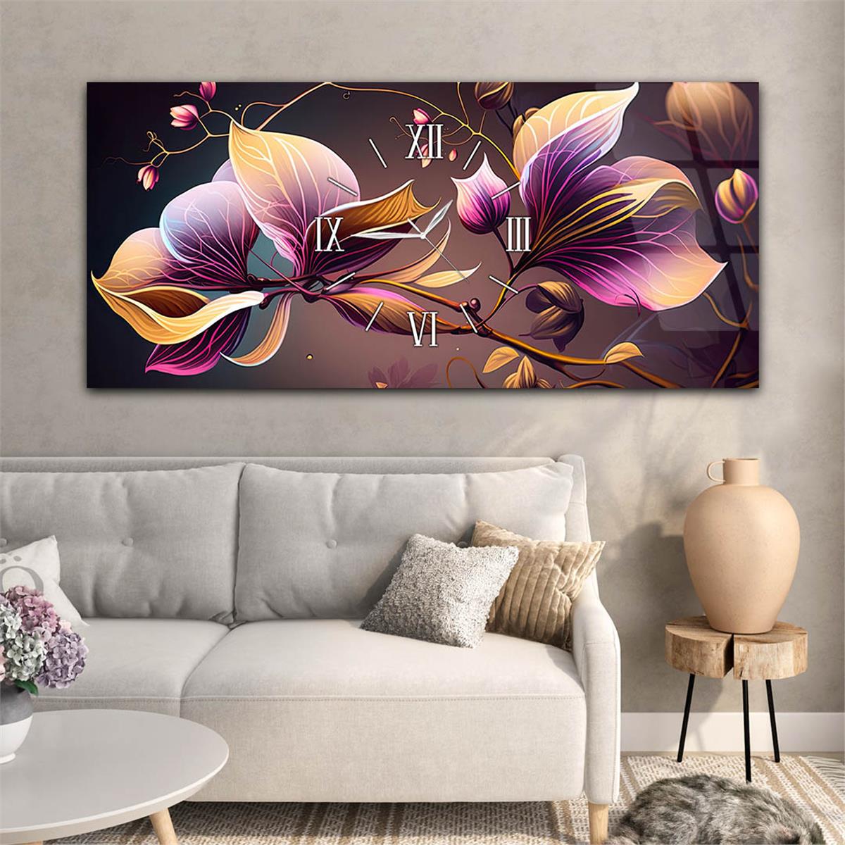 Yatay Ortadan Saatli  Sanat ve Doğa Temalı Cam Tablo 099