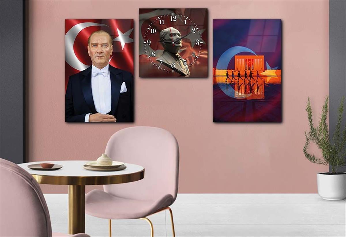 MUSTAFA KEMAL ATATÜRK VE ANITKABİR GÖRSELLİ GÖRSELİ CAM TABLO SAAT SETİ 