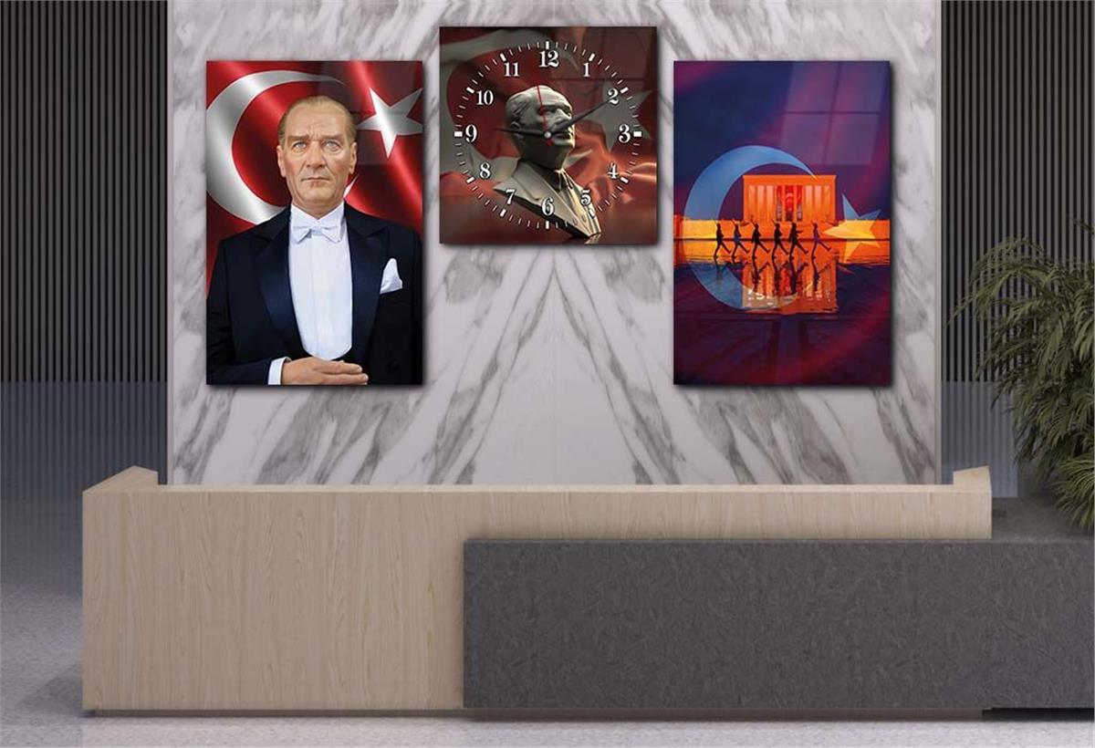 MUSTAFA KEMAL ATATÜRK VE ANITKABİR GÖRSELLİ GÖRSELİ CAM TABLO SAAT SETİ 