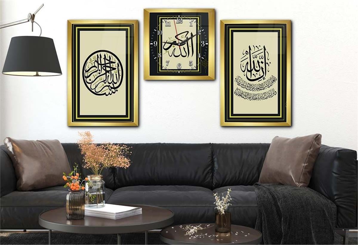 DİNİ TEMALI CAM TABLO VE Tempered Glass Wall Clock SETİ