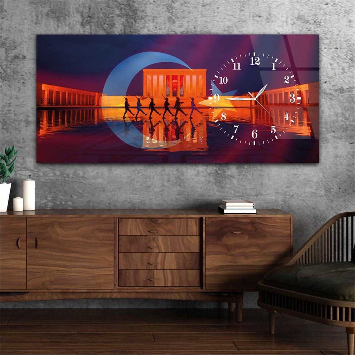 Anıtkabir Yatay Saatli Yandan Vatan Temalı Cam Tablo 002