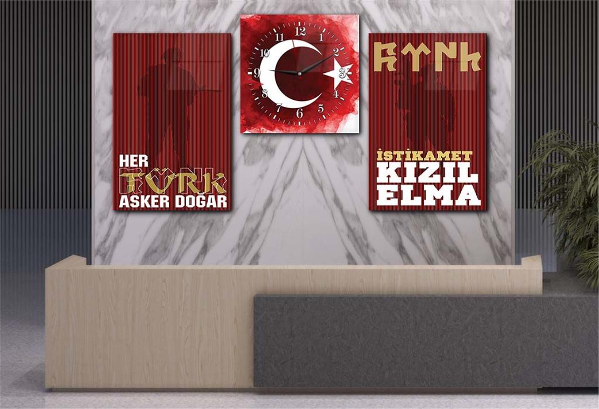 TÜRK BAYRAĞI VE TÜRK ASKERİ GÖRSELLİ CAM TABLO CAM SAAT SETİ 