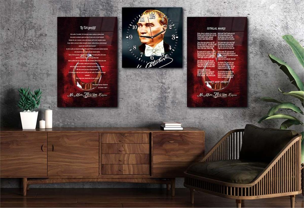 İSTİKLAL MARŞI EY TÜRK GENÇLİĞİ MUSTAFA KEMAL ATATÜRK GÖRSELLİ CAM TABLO CAM SAAT SETİ 