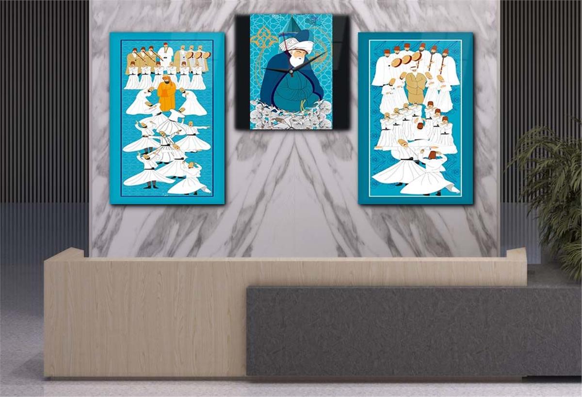 MESLEVİ VE MEVLANA GÖRSELLİ CAM TABLO CAM SAAT SETİ