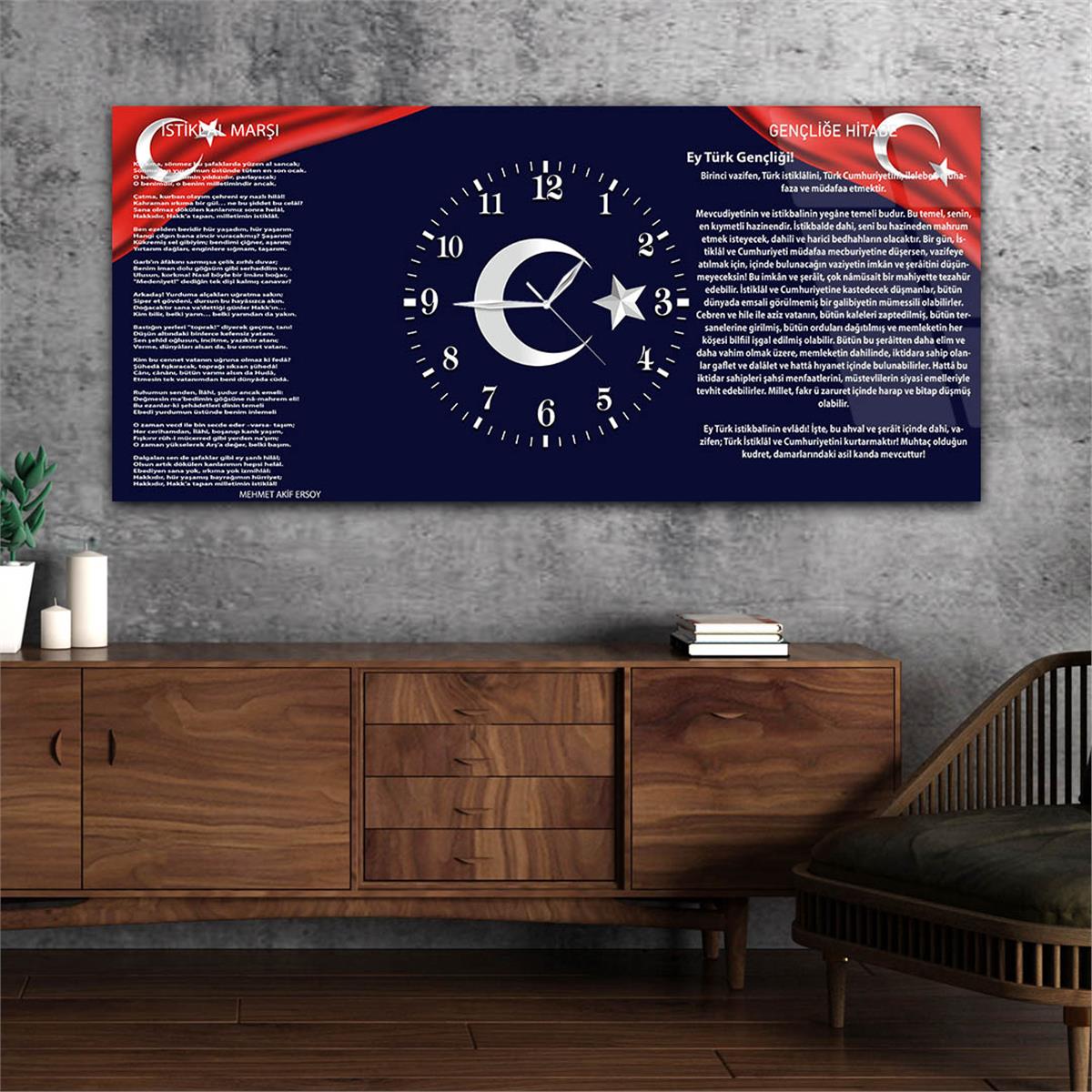 Yatay Ortadan Saatli  Vatan Temalı Cam Tablo 006