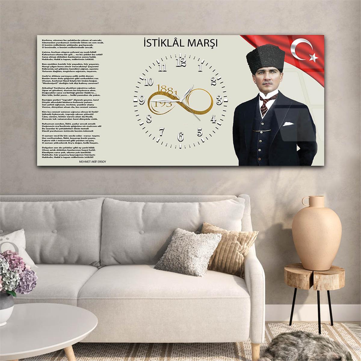 Yatay Ortadan Saatli  Vatan Temalı Cam Tablo 025