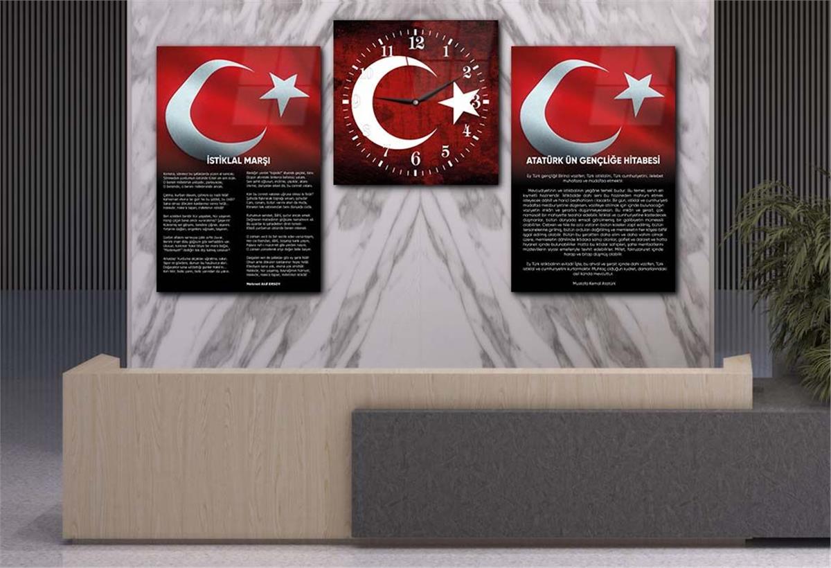 İSTİKLAL MARŞI GENÇLİĞE HİTABE BAYRAK GÖRSELLİ CAM TABLO CAM SAAT SETİ 