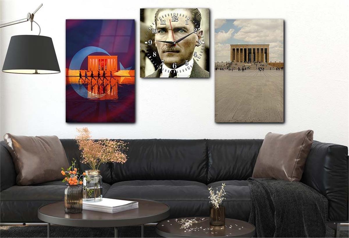 MUSTAFA KEMAL ATATÜRK VE ANITKABİR GÖRSELLİ GÖRSELİ CAM TABLO SAAT SETİ 