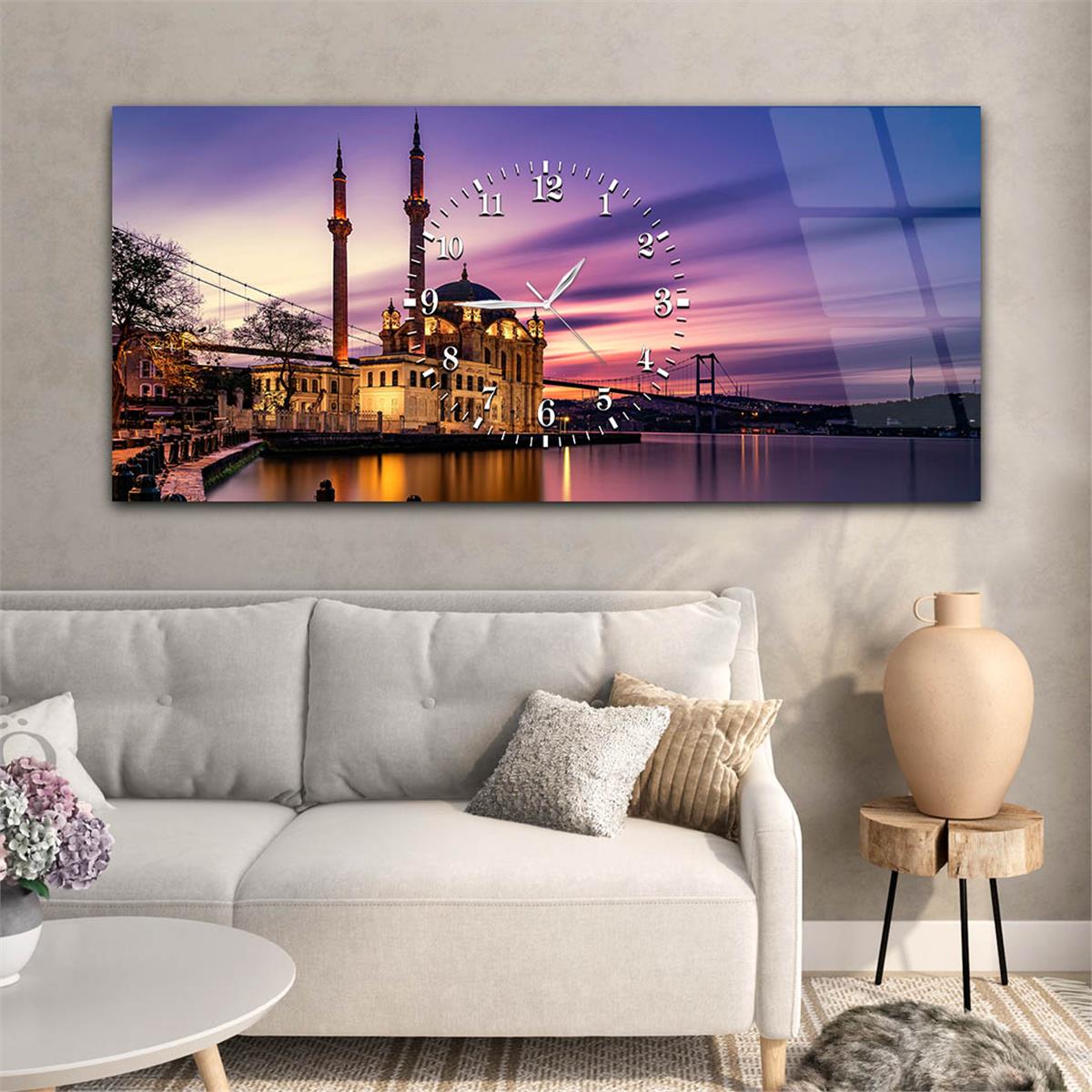 Yatay Ortadan Saatli  Dini Temalı Cam Tablo 001