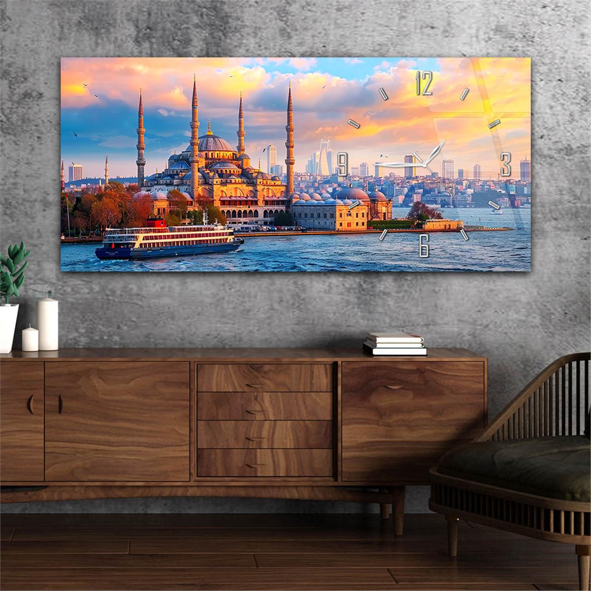 Yatay Saatli Yandan Dini Temalı Cam Tablo 077